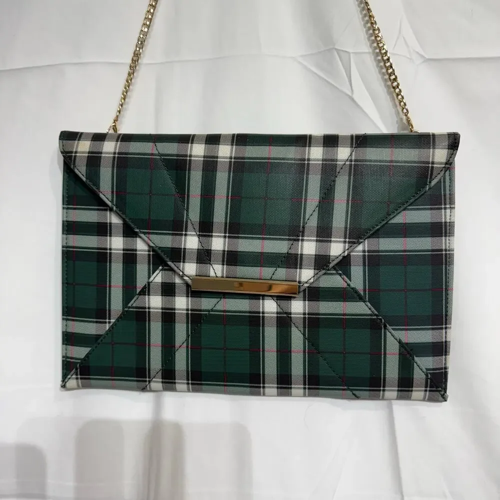Green Plaid Envelope Clutch Purse